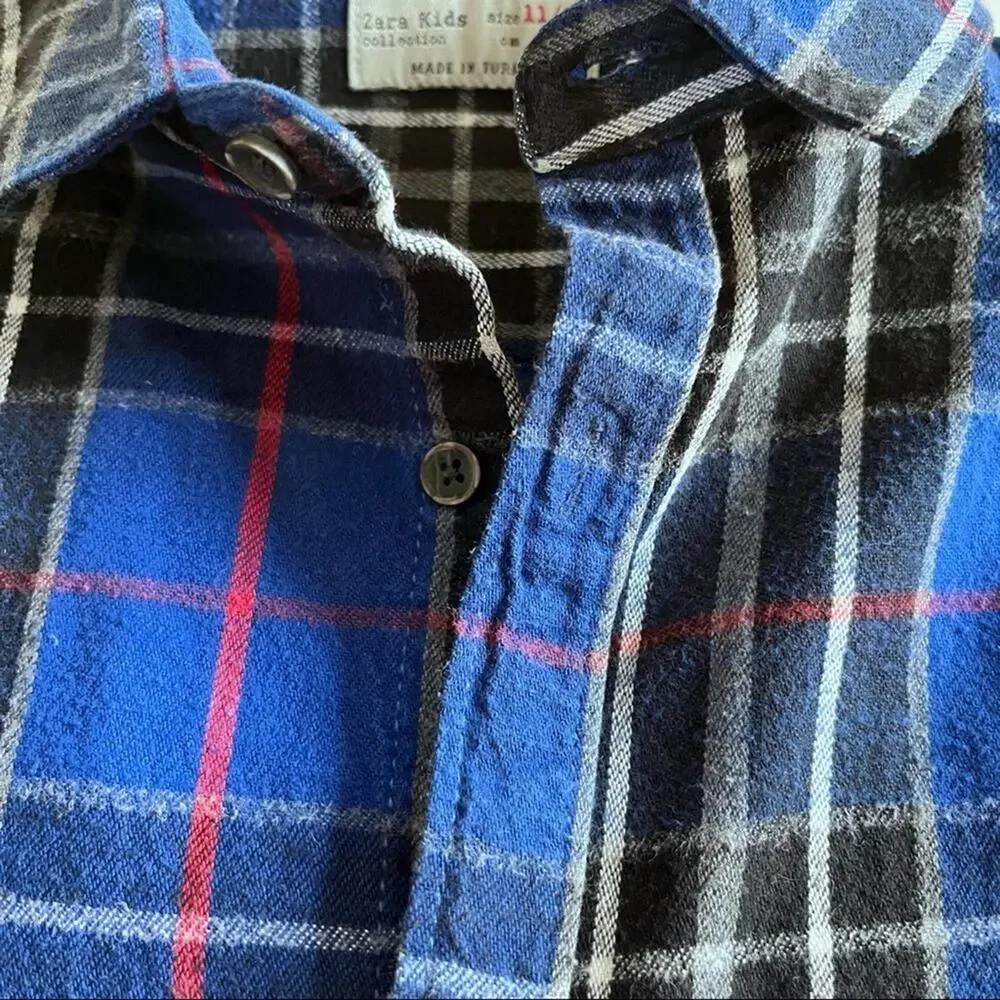 Zara boys blue plaid flannel button up shirt size 10